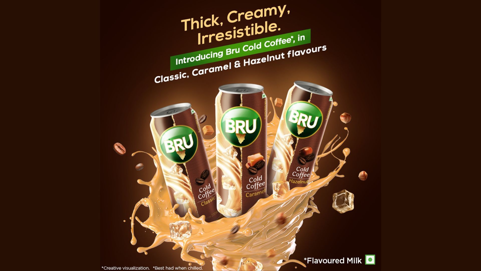 An advert for Bru Cold Coffee showing 3 packs of the product