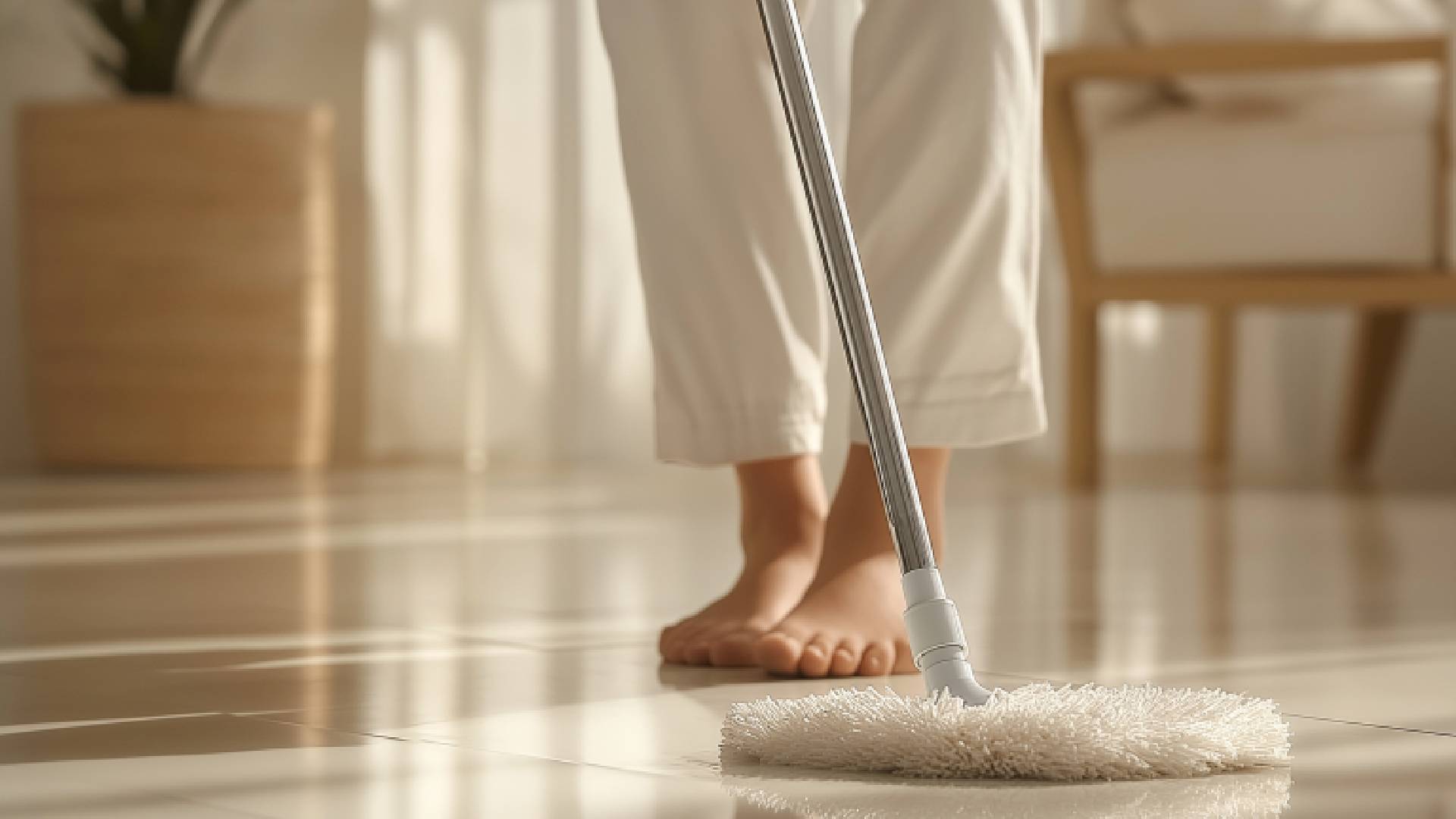 A woman mops the floor, focusing on cleaning a section of the surface with a mop in her hands.