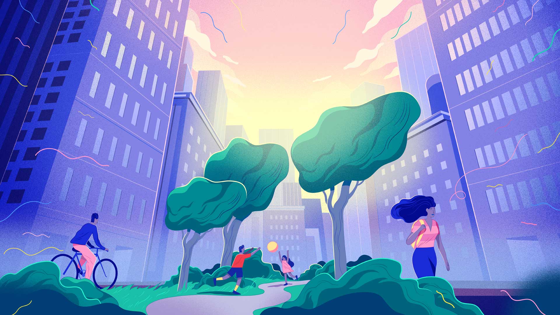 People walking, cycling and playing in a city park