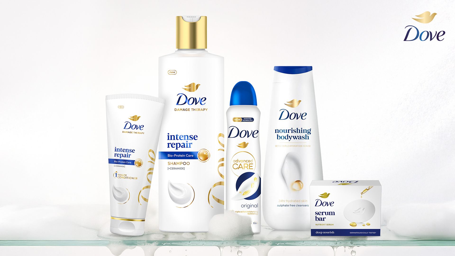 Dove products including shampoo, body wash, deodorant, conditioner, and serum bar.