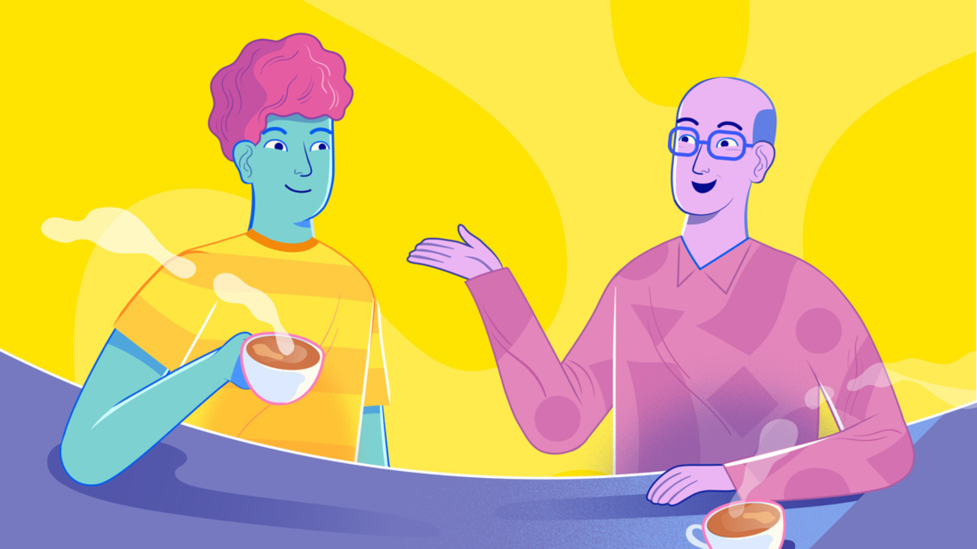 Father and son talking while having a drink 