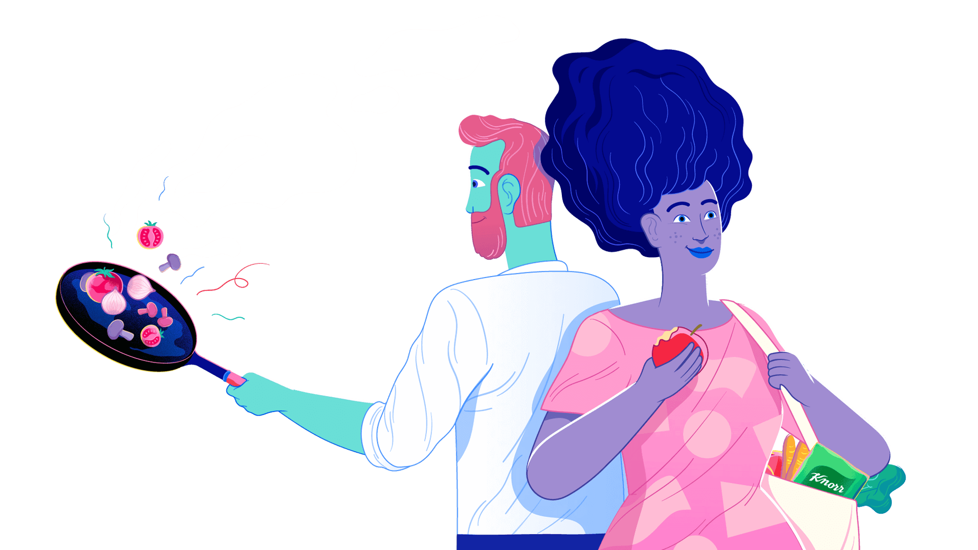 An illustration of a man cooking with a frying pan and a woman eating an apple
