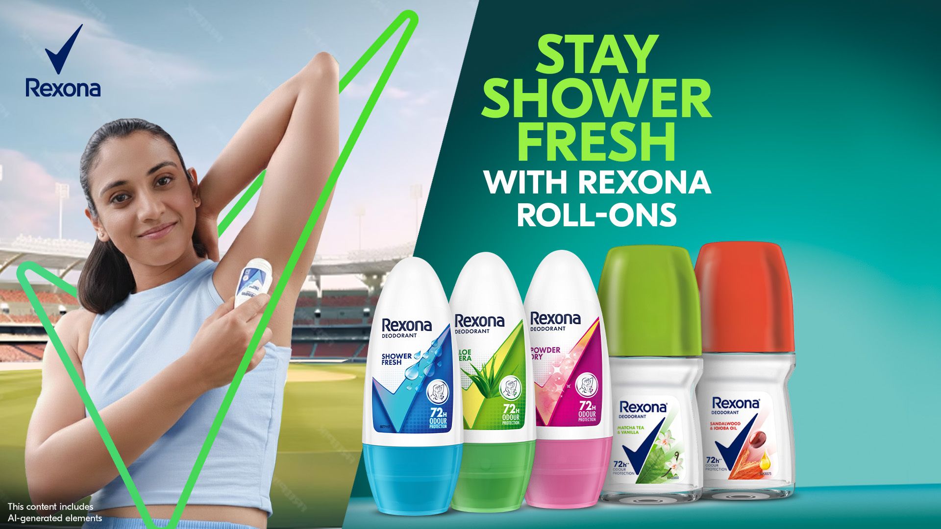 Smiling woman applies deodorant with a backdrop of a stadium. Text reads "Stay Shower Fresh with Rexona Roll-Ons." Various roll-ons are displayed.