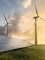 Solar panels installed on a grassy field with wind turbines in the background under a partly cloudy sky and bright sunlight.
