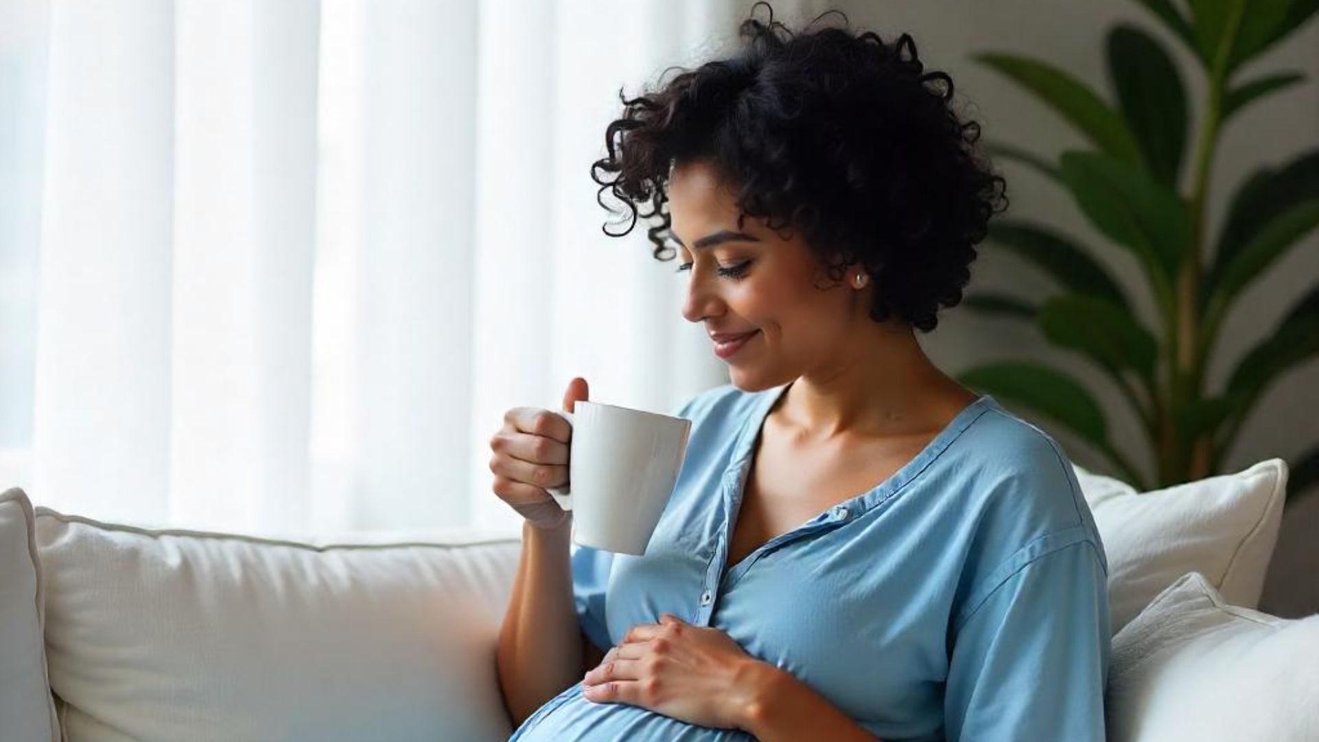 A pregnant woman sitting on a sofa, smiling and holding a mug.