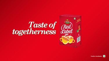 A packshot of Brooke Bond Red Label tea against a red horizontal background