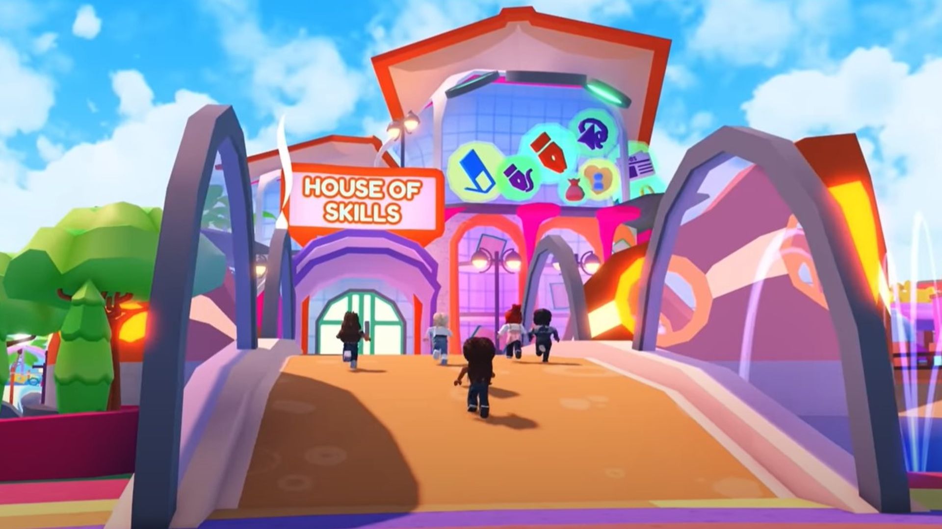 A still from Sunsilk’s Roblox world. A girl avatar runs towards the House of Skills to find free learning resources.