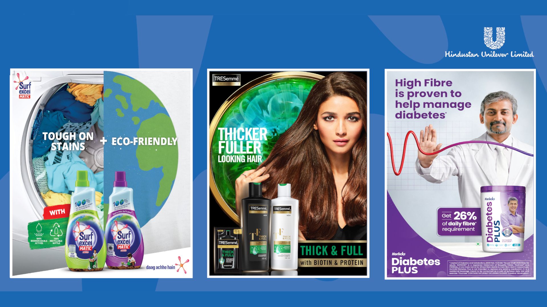 A collage of HUL brand ads - Surf excel, TRESemme and Horlicks Diabetes Plus 