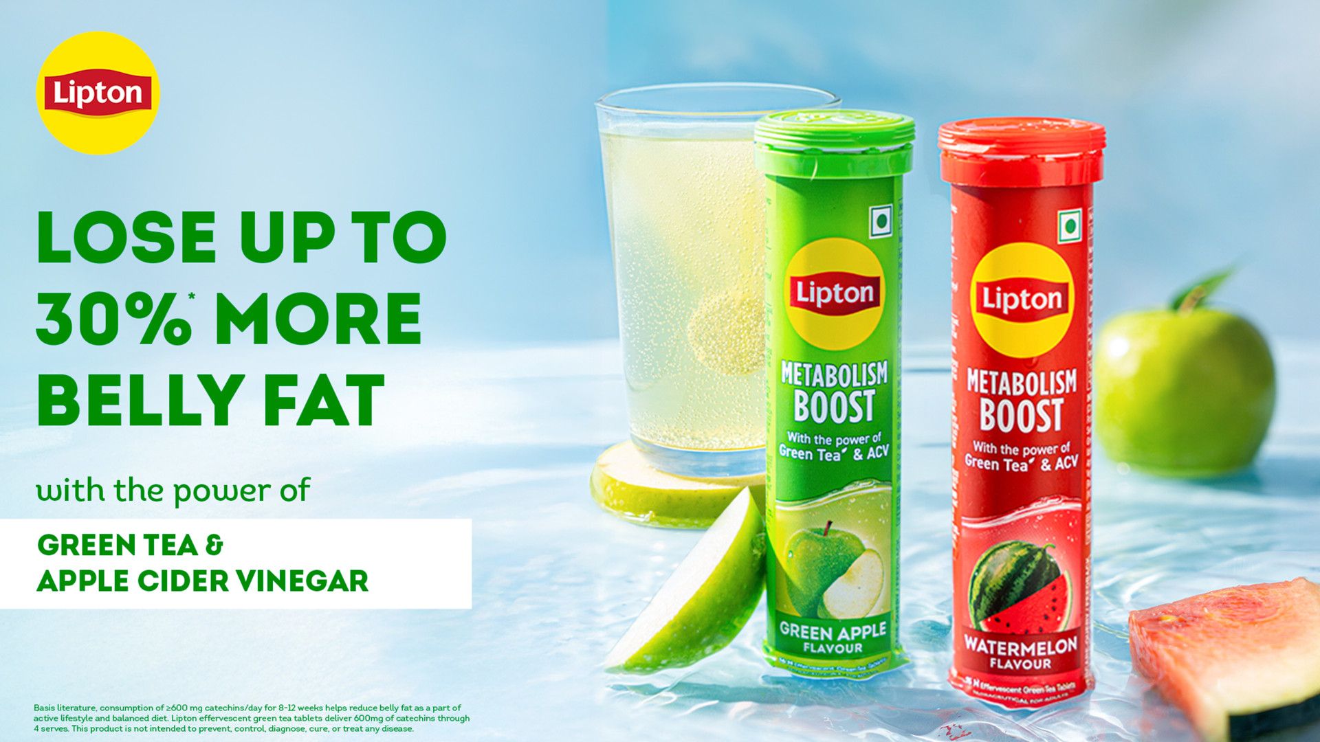 Two Lipton Metabolism Boost tubes, green apple and watermelon flavors, with a glass of the drink.