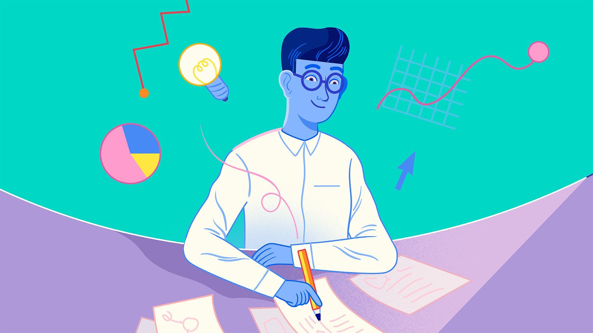 Graphic of a man sitting at a desk and writing