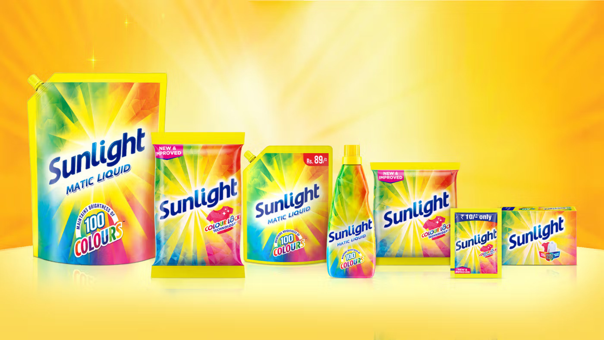 Image showing a variety of Sunlight detergent products in different packaging formats and sizes