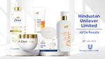 Dove skincare and haircare products displayed beside Hindustan Unilever Limited JQ’26 results announcement text.
