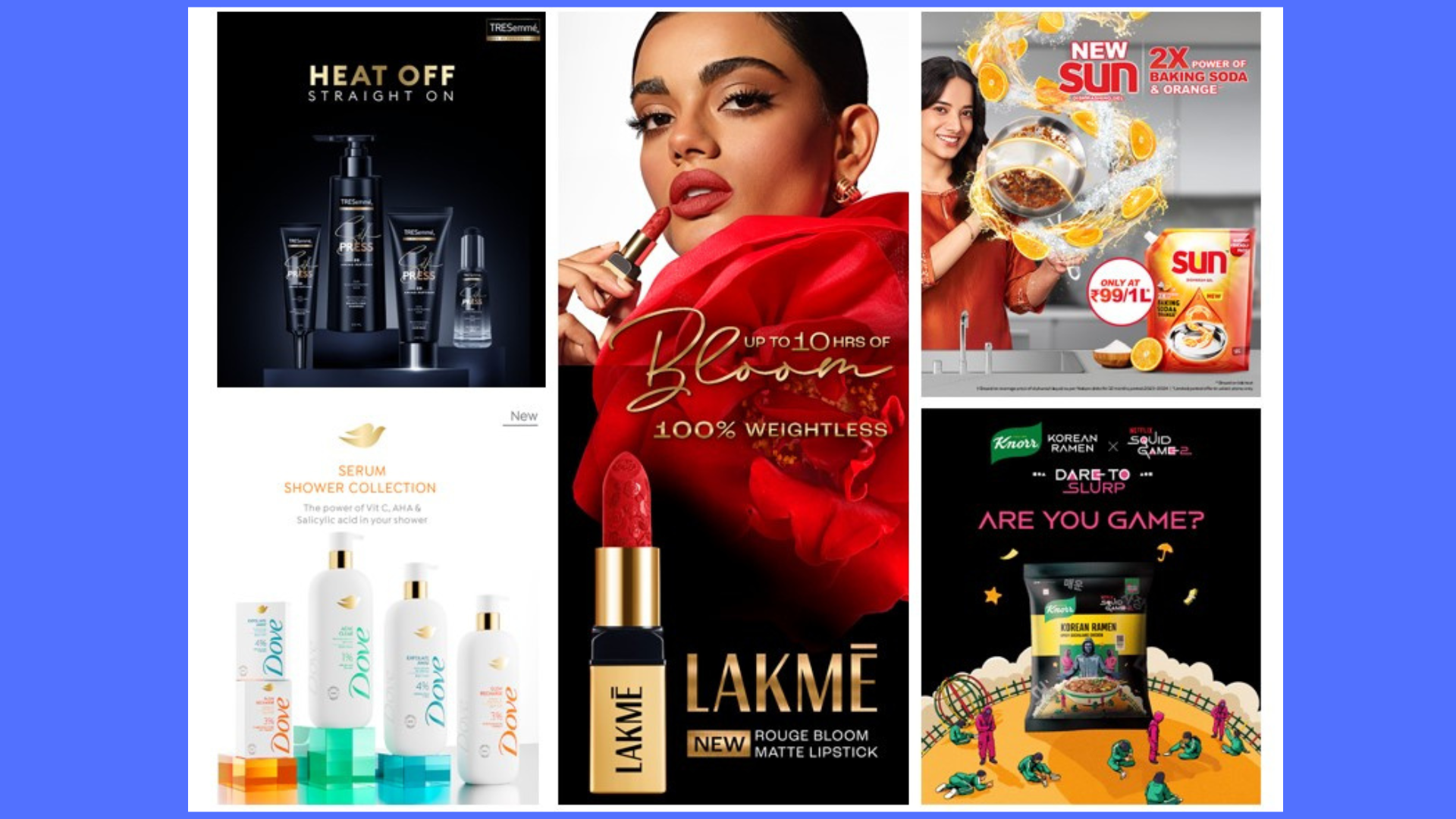 A collage of HUL brand key visuals such as Tresemme, Dove, Lakme and Knorr.