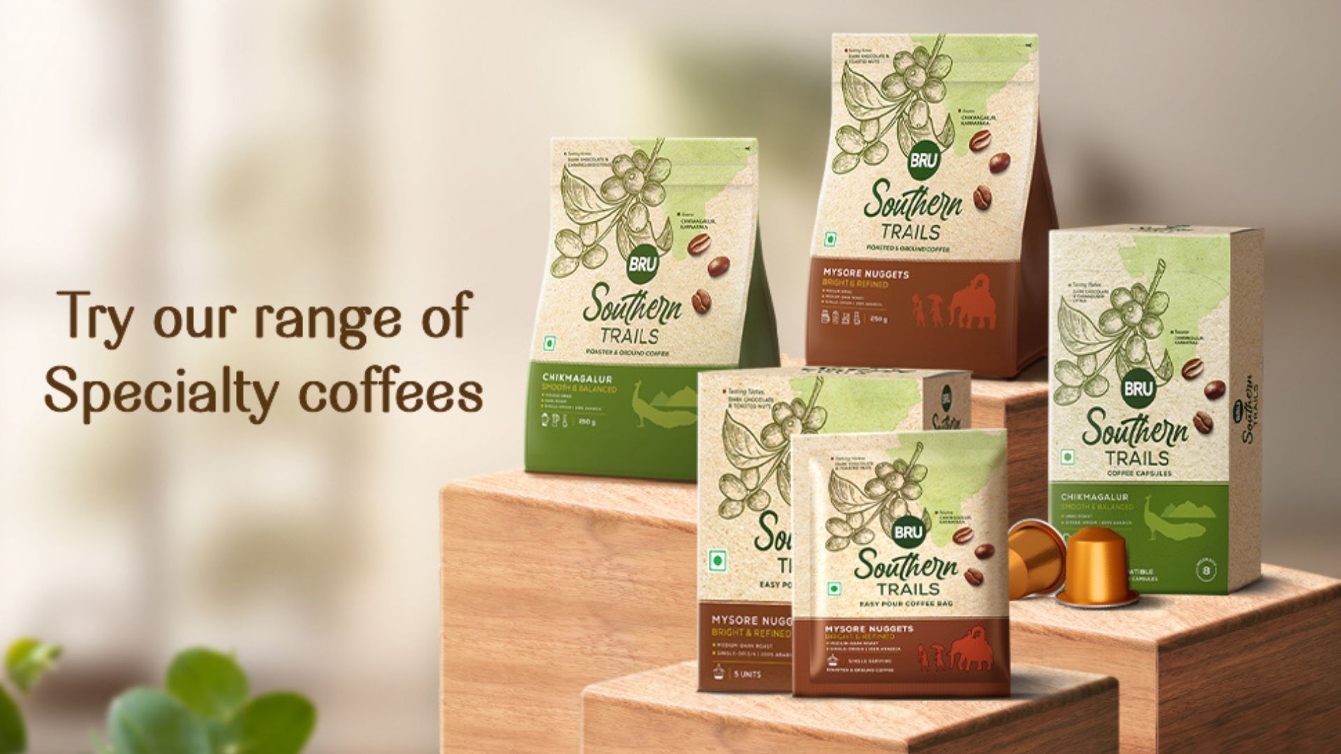 A campaign for five packs of Bru Southern Trails showing the variety of products