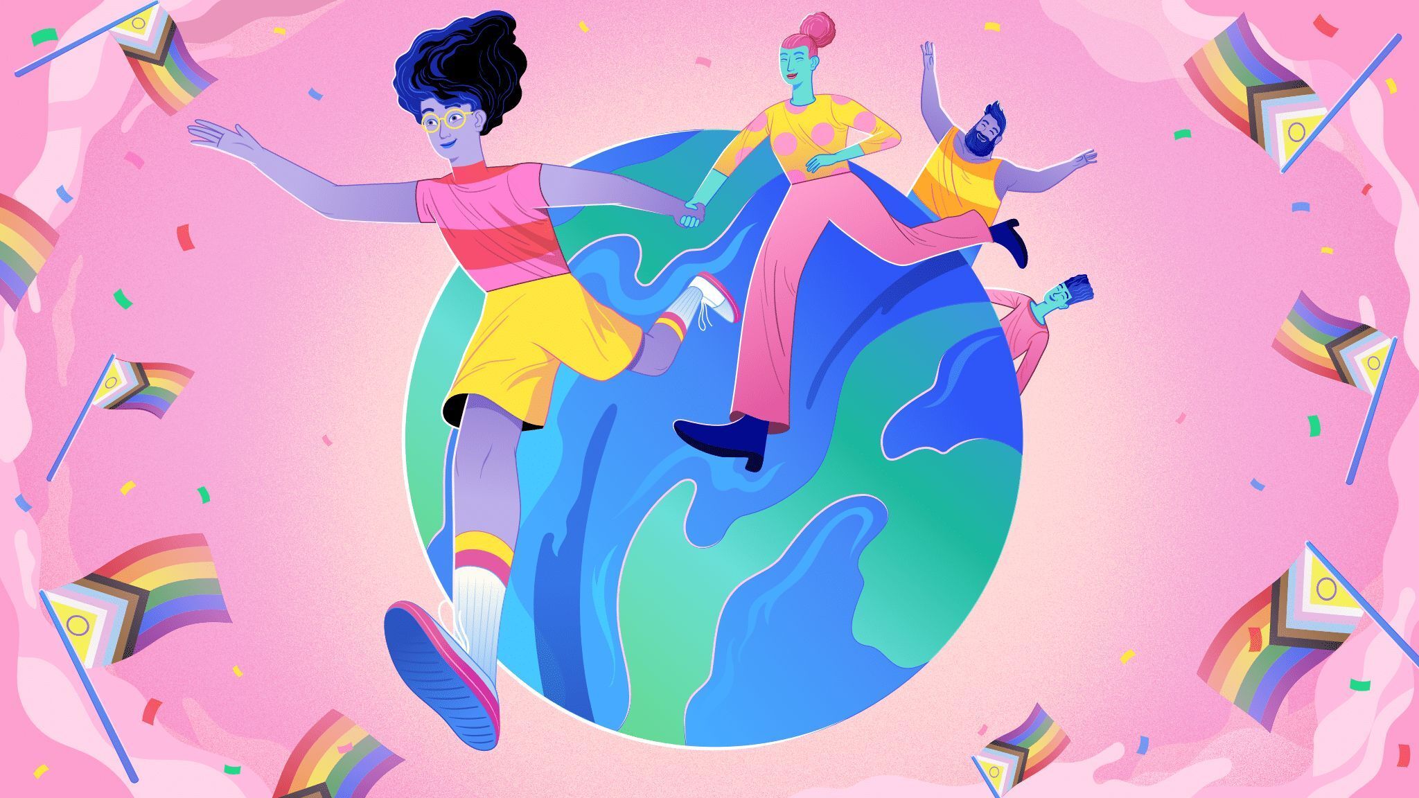 Pride Scene with two people with the LGBTQ flag