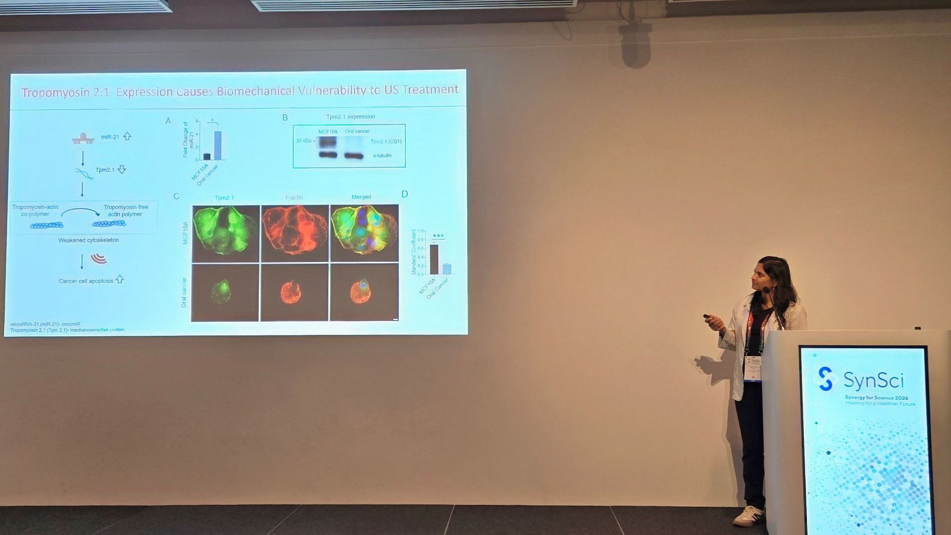 Scientist presents cancer research data on a large screen at a SynSci conference podium.