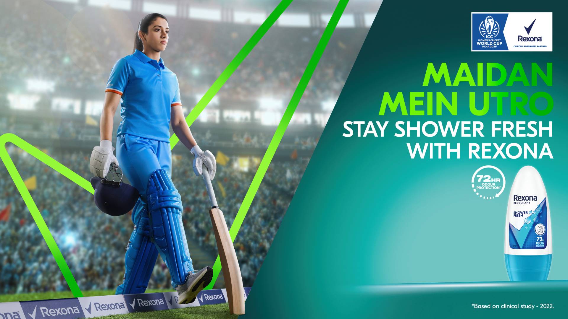 Cricketer in blue uniform with Rexona ad.