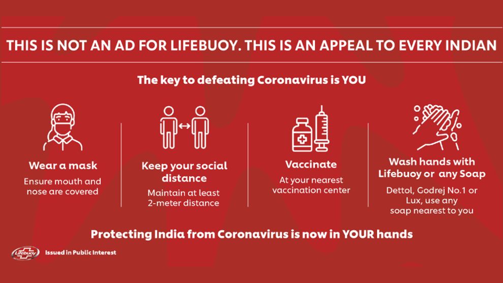A message on COVID safety precautions issued by Lifebuoy in public interest