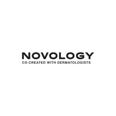 Novology logo in black, with text below says co-created with dermatologists