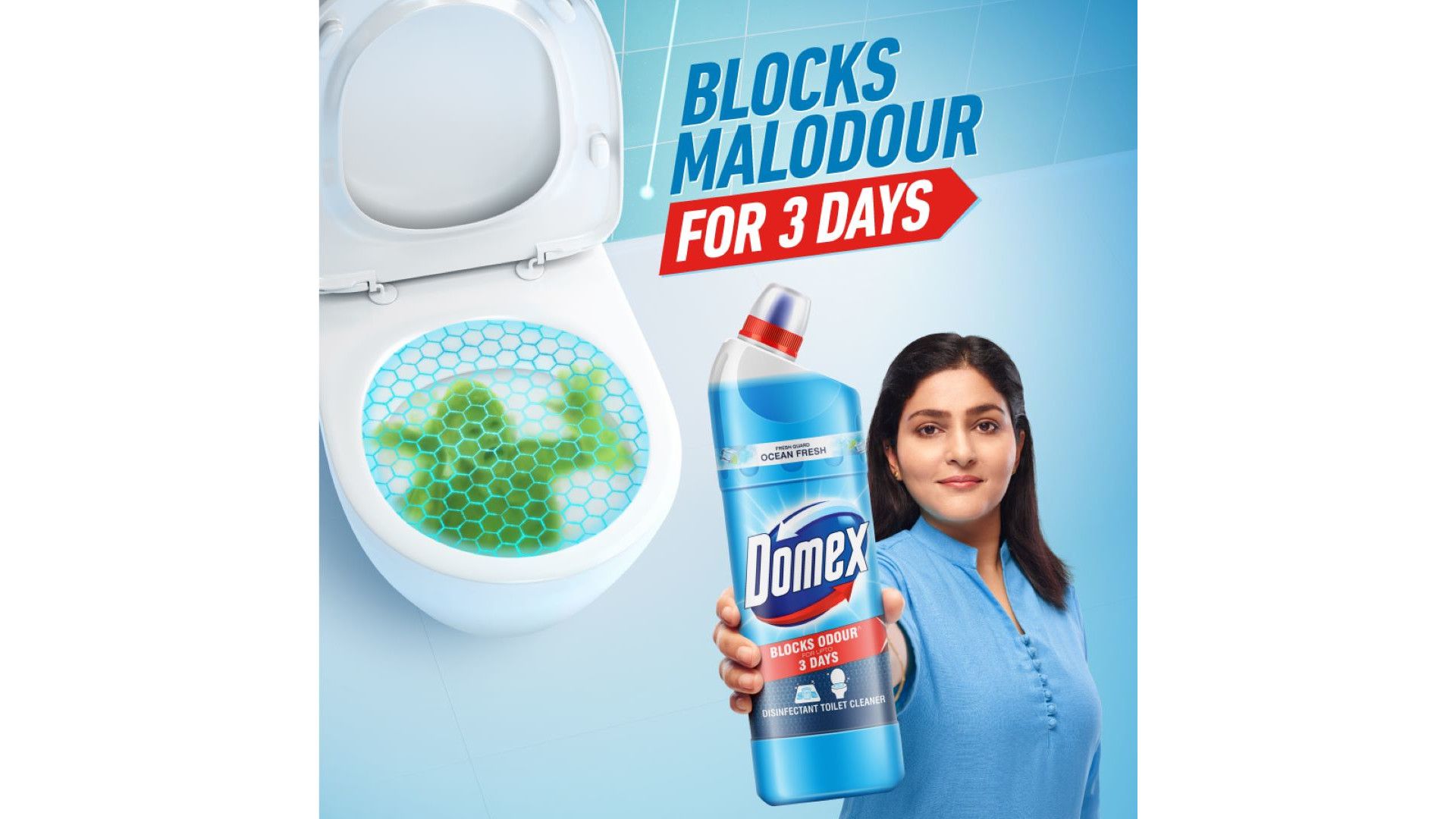 Domex disinfectant toilet cleaner advertisement with a text that reads "Domex blocks malodour for 3 days".