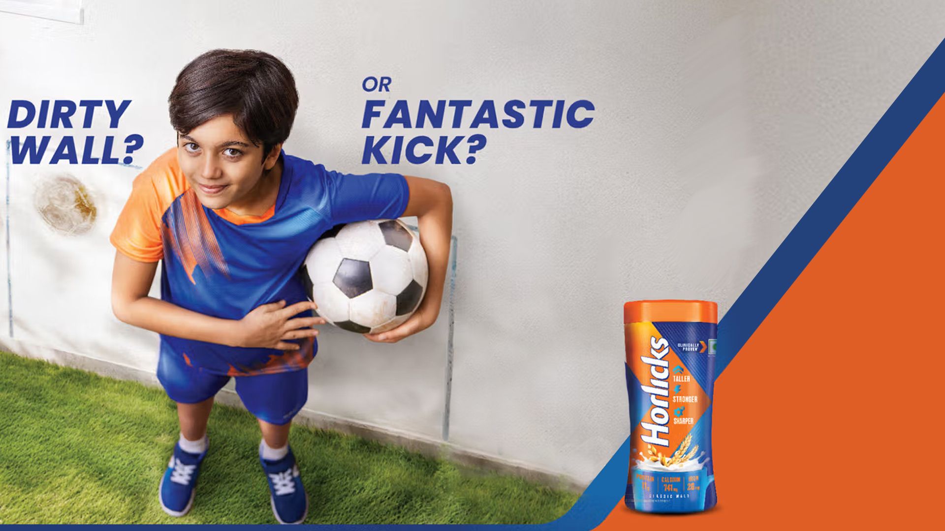 A young person holding a football with a Horlicks product to the right