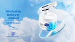 A jar of Vaseline's Cloud Soft moisturizer with its lid open, against a blue sky and clouds, featuring Hindustan Unilever Limited logo and SQ'25 results date.