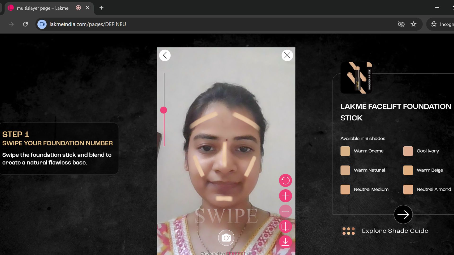 Screenshot from LAKME's website showing the costumer experience using AI