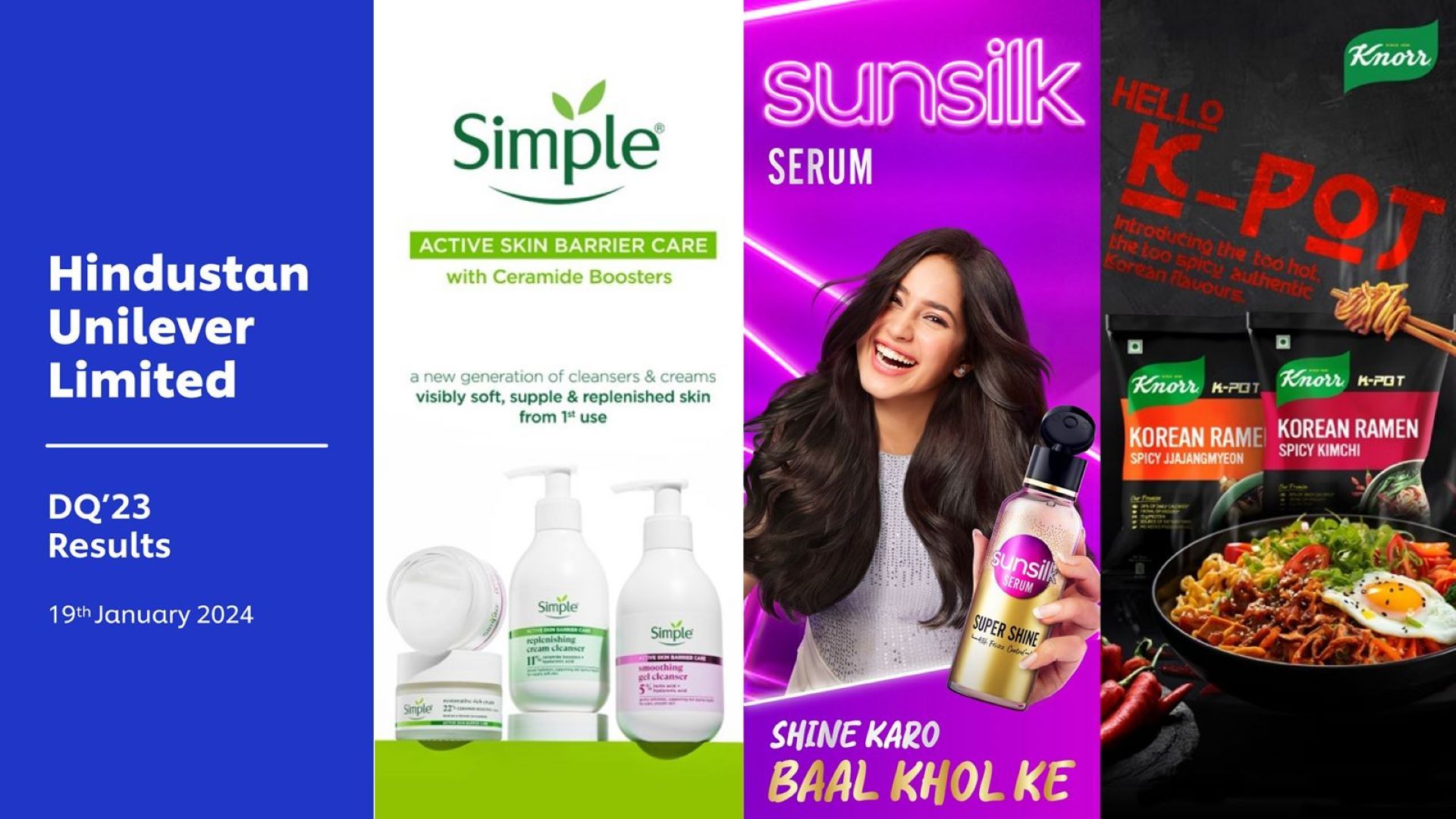 A collage of HUL brand ads of Simple, Sunsilk and Knorr.