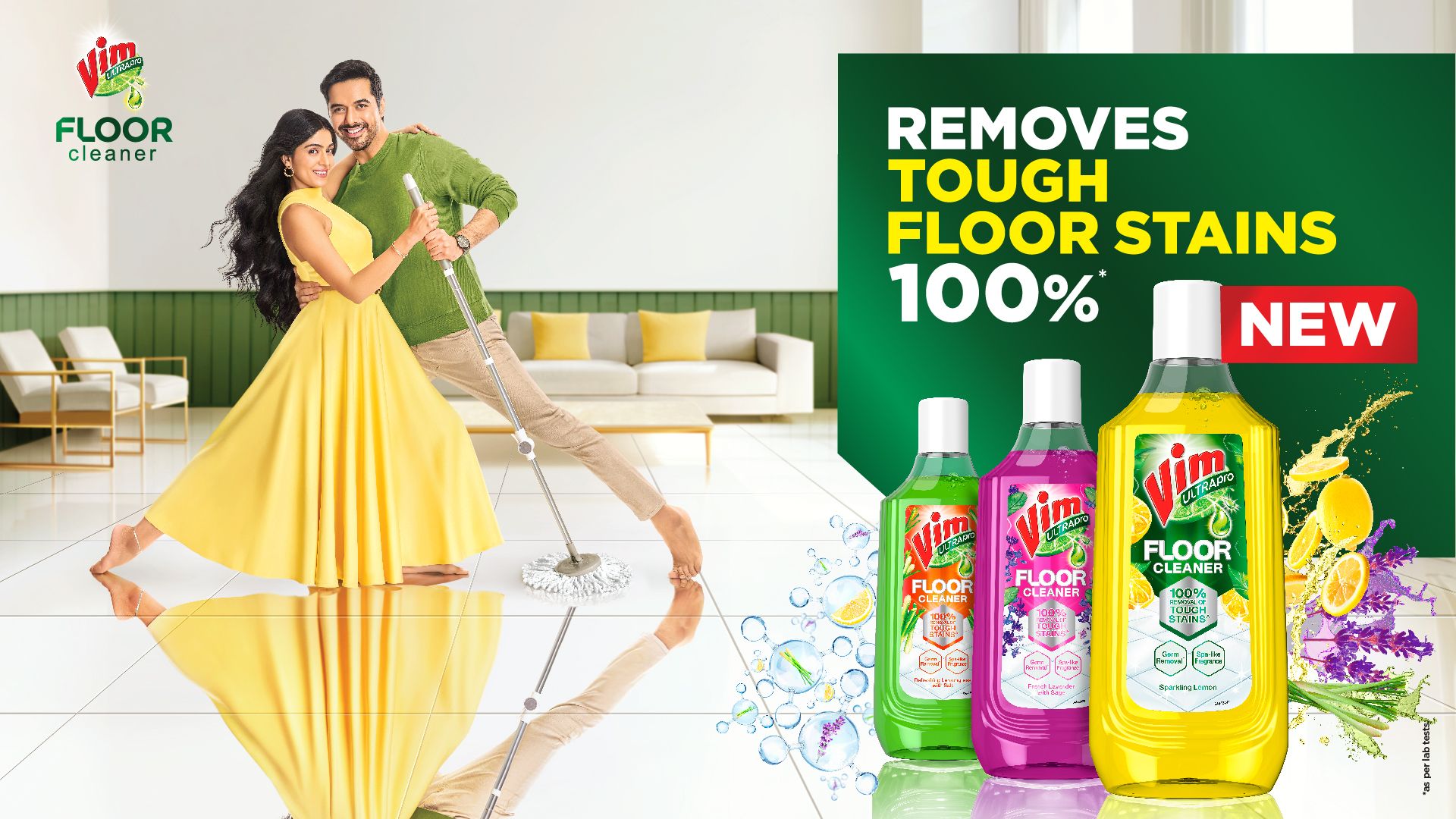 A key visual of the new Vim floor cleaner that reads - removes tough floor stains 100%.