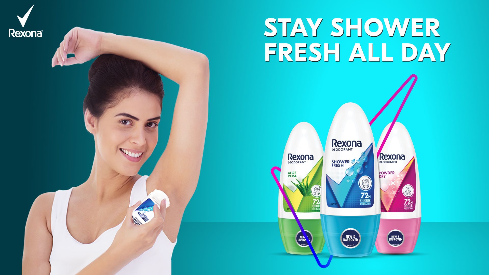 Rexona brand banner with image text, stay shower fresh all day.  The image has a model using a Rexona deo.