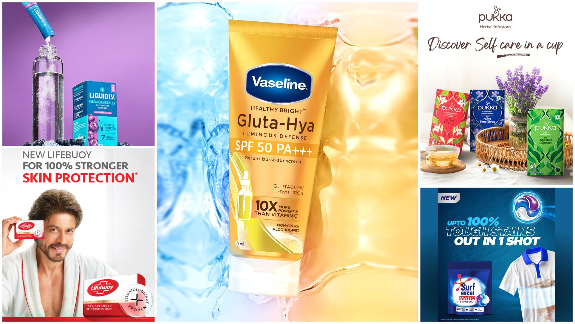 A collage of HUL brand key visuals including Liquid I.V., Lifebuoy, Vaseline, Pukka and Surf excel 