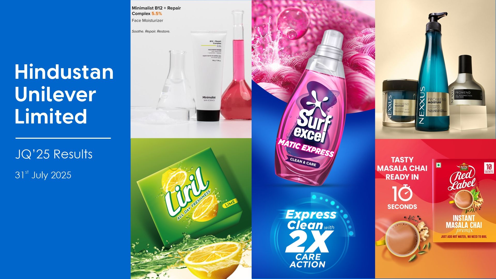 A collage of HUL brand packshots and key visuals of brands such as Minimalist, Liril, Surf excel, Nexxus and Brooke Bond Red Label. 