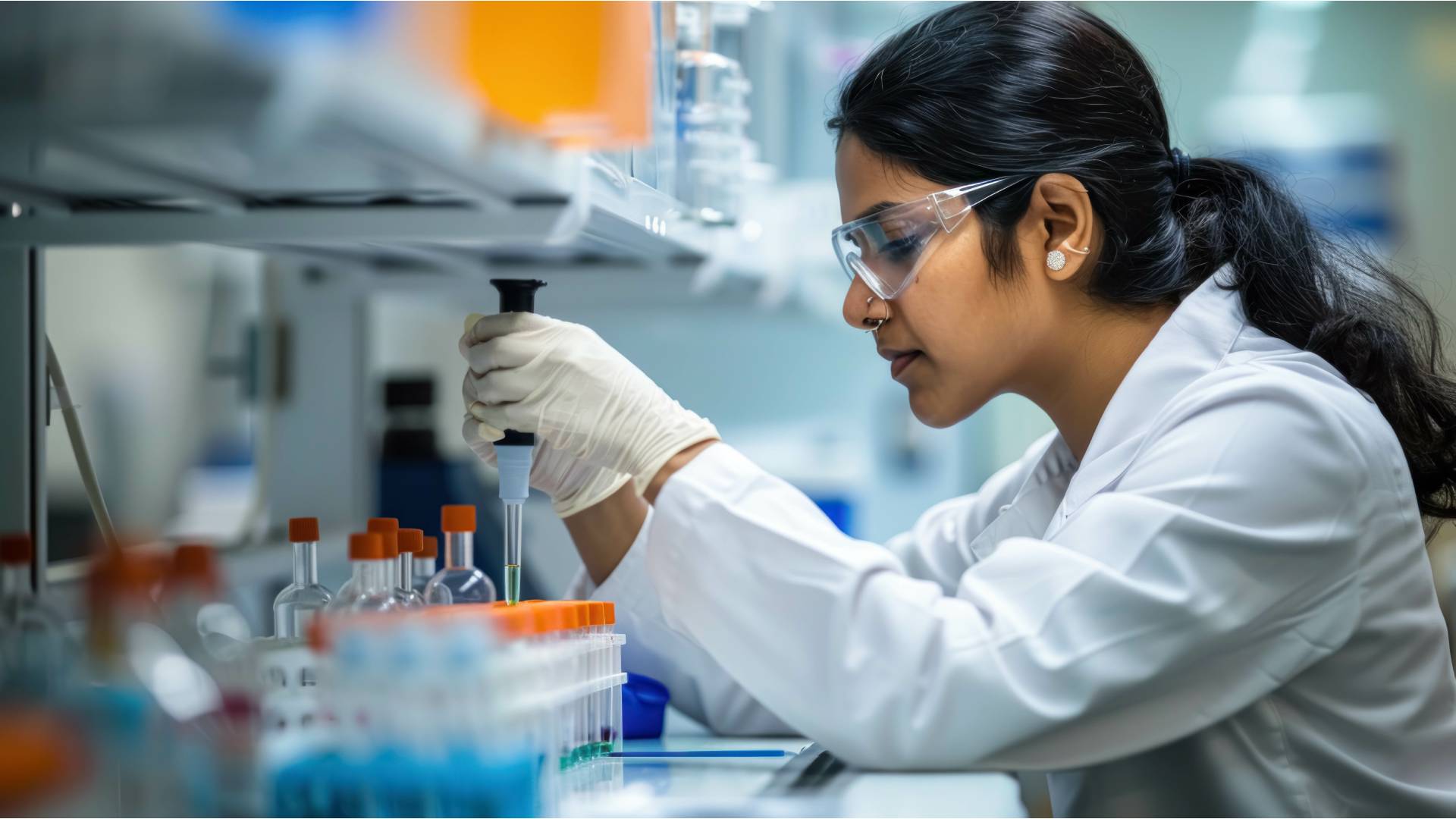 A woman in a lab coat carefully examines a test tube in a laboratory setting.