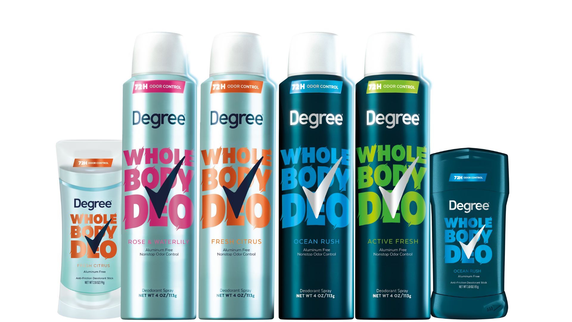Products from Degree’s Whole Body Deo range, including spray and stick deodorants; packaging is blue with colourful branding.