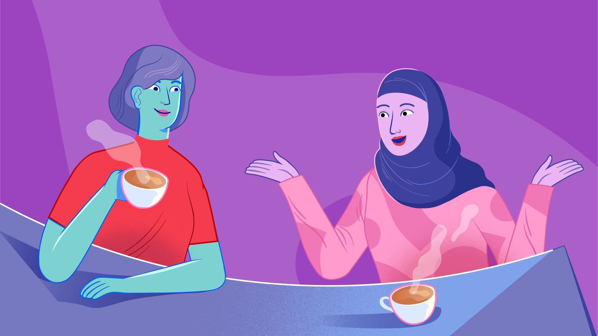 Illustration of two women talking and having a cup of coffee.