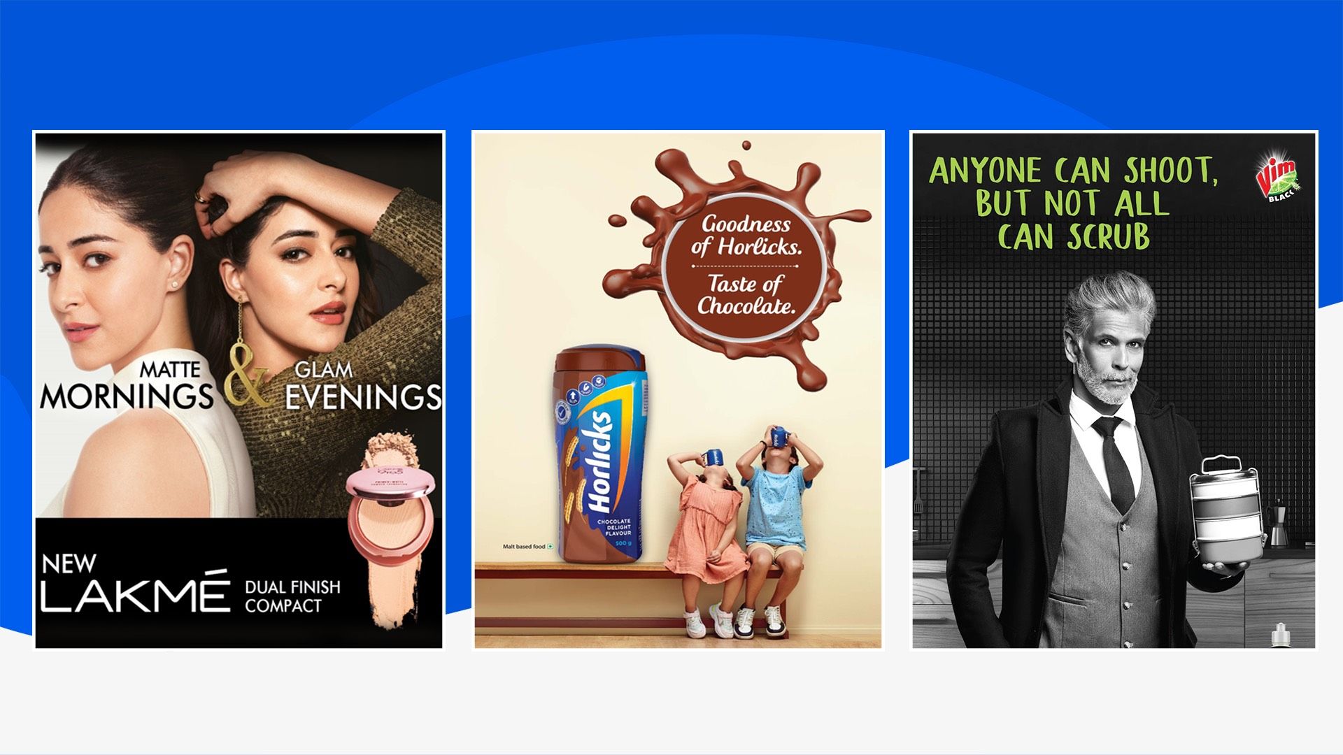 A collage of HUL brand ads namely Lakme, Horlicks and Vim 
