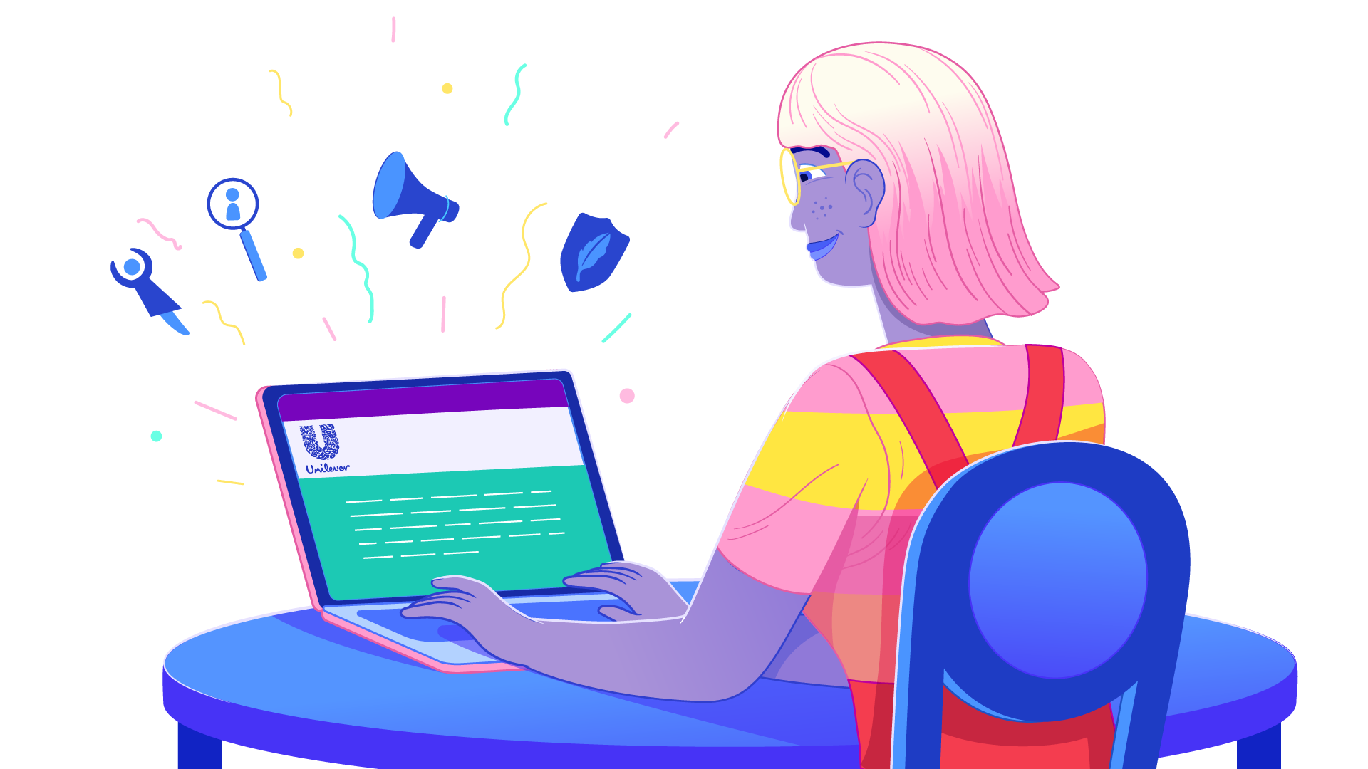 An illustrated character on a laptop