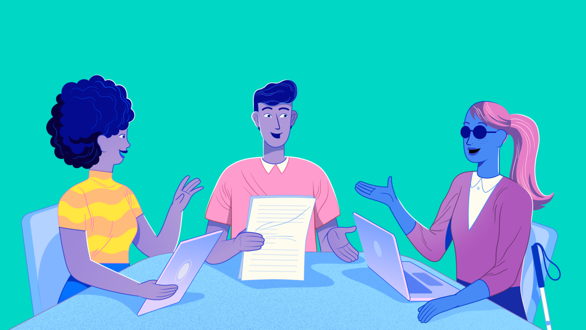 Illustration of a team of three in a meeting