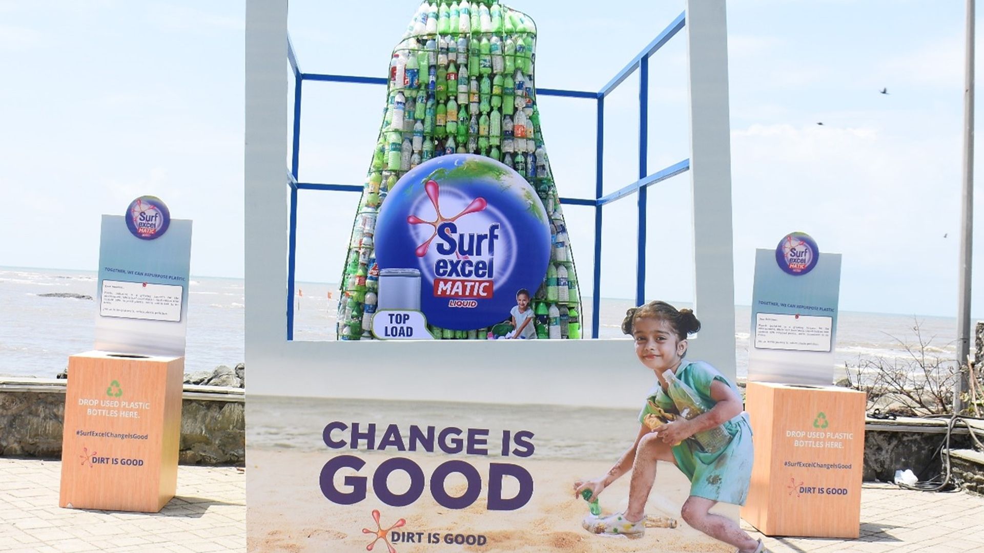 An image of a huge surf excel installation made of waste plastic at Carter road Mumbai