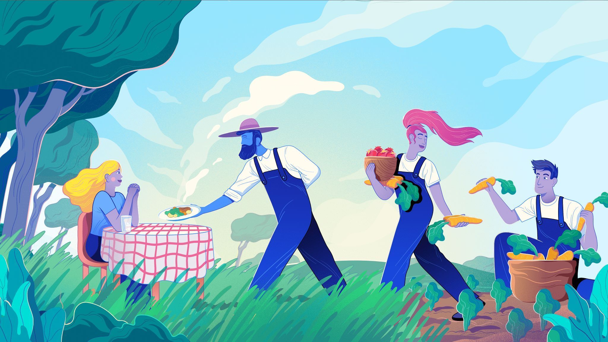 Farmers harvesting fruit and vegetables and serving a meal to a woman sitting at a table in a field