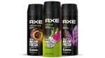 Three cans of Axe Fine Fragrance body spray. Axe, also known as Lynx, is now PETA approved.