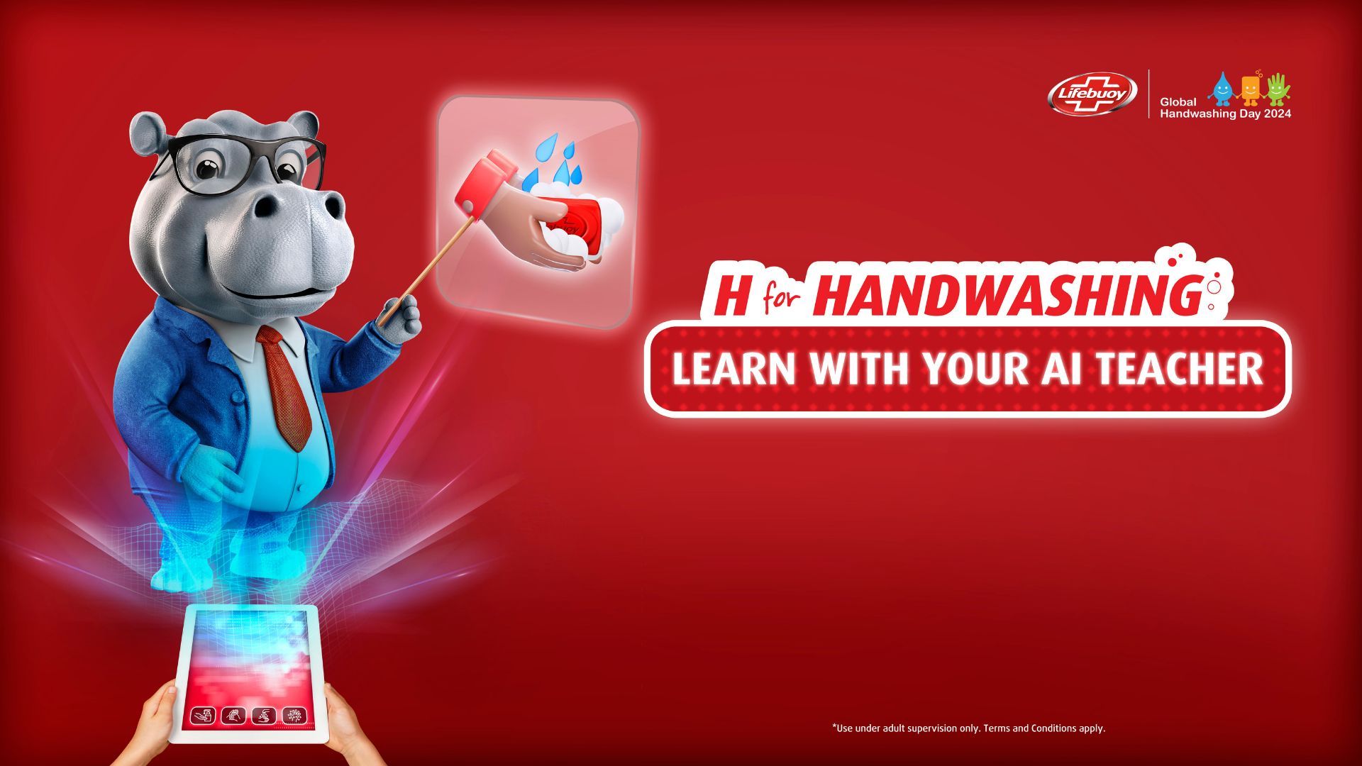A marketing campaign image from Lifebuoy to promote its AI-Teacher Hippo app. A hippo wearing a tie points at a diagram. Text reads: H for Handwashing, learn with your AI teacher