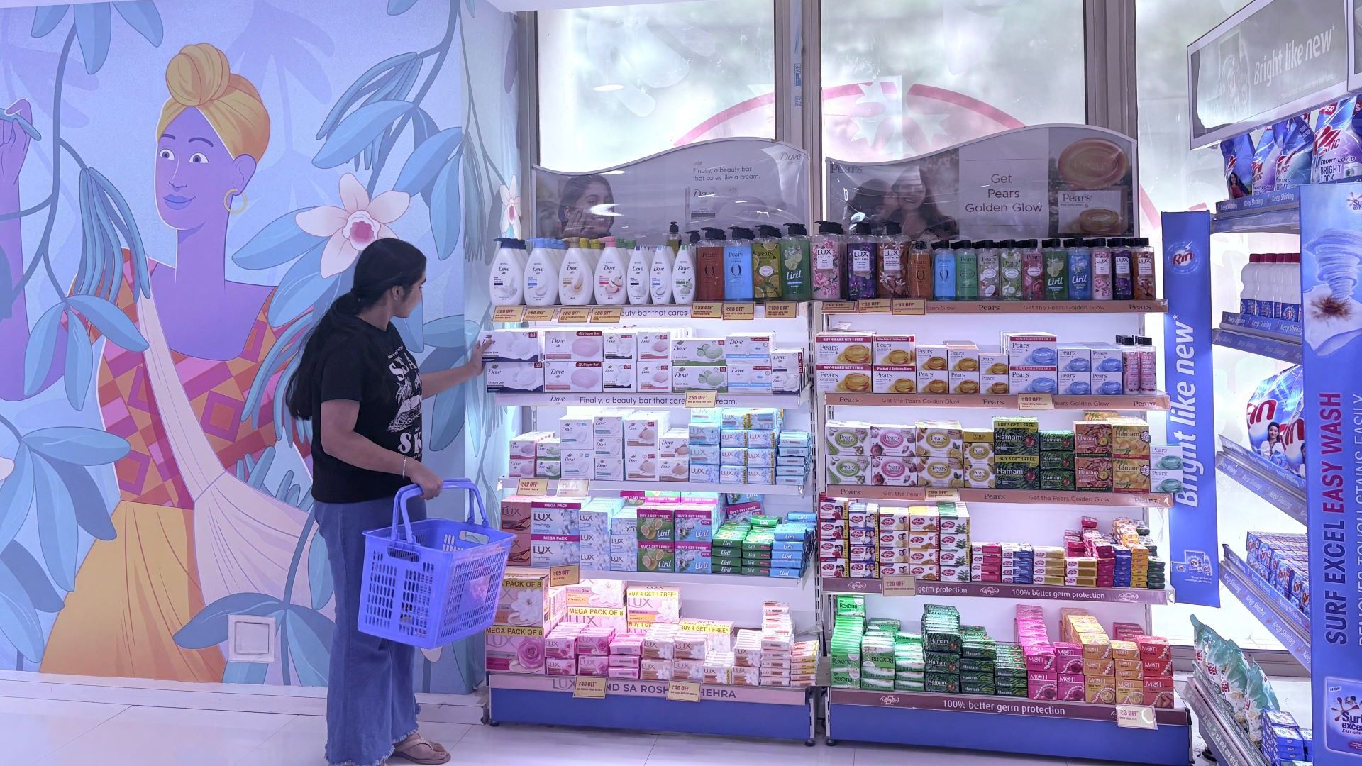 A girl shopping for Unilever products.