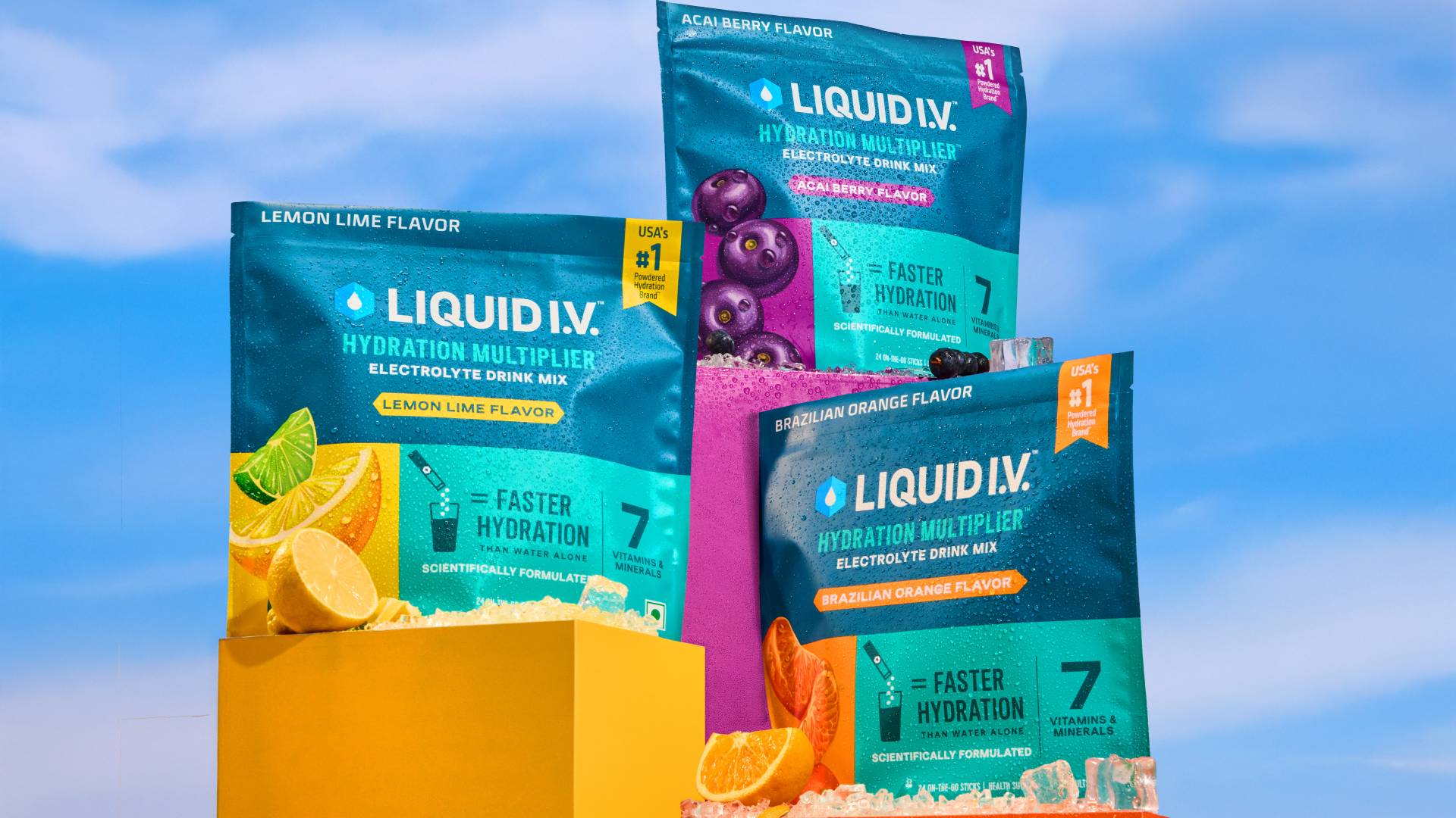 Images of Liquid I. V. range launched in India by Hindustan Unilever Limited. The image contains Liquid I. V. Packshots that appear like paper sachets in stick format. 