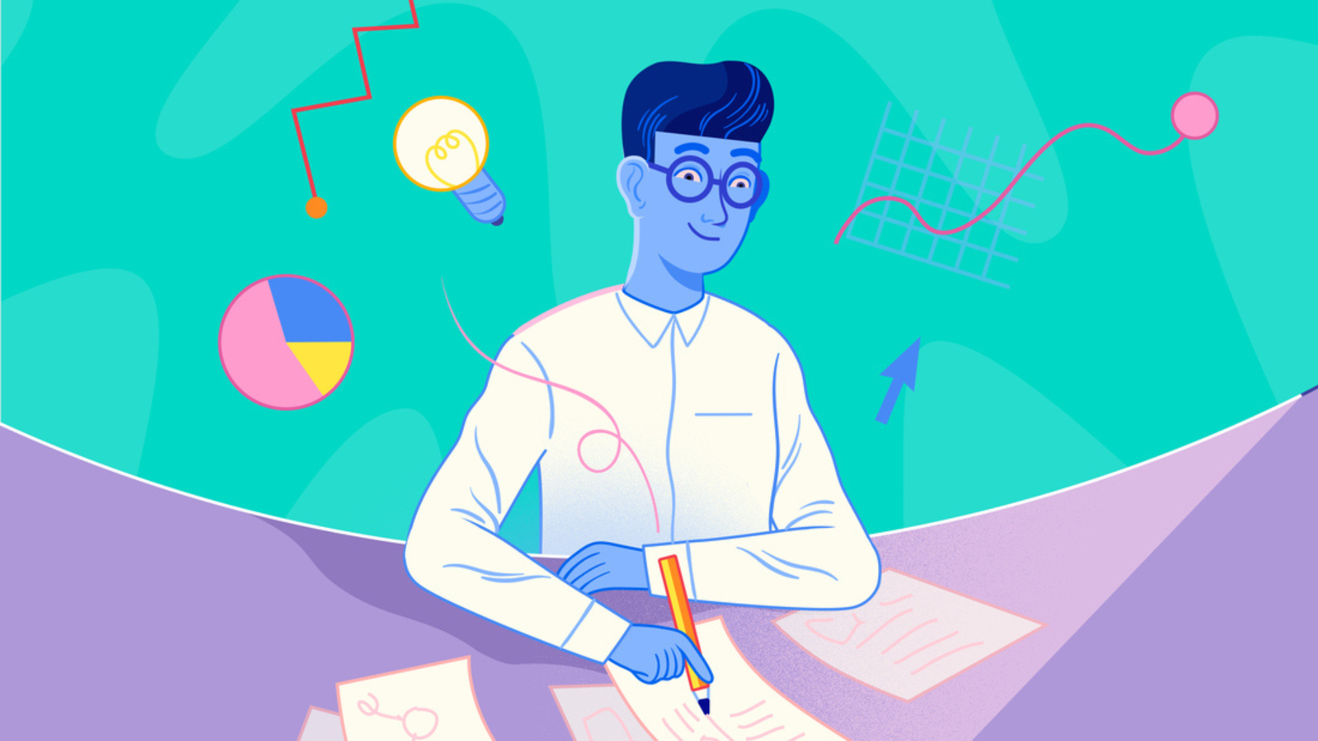 A guy writing with graphs and green background