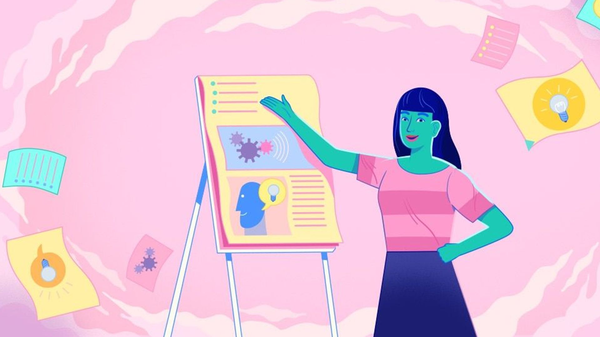 A lady gesturing towards as flip-chart with one hand on her hip