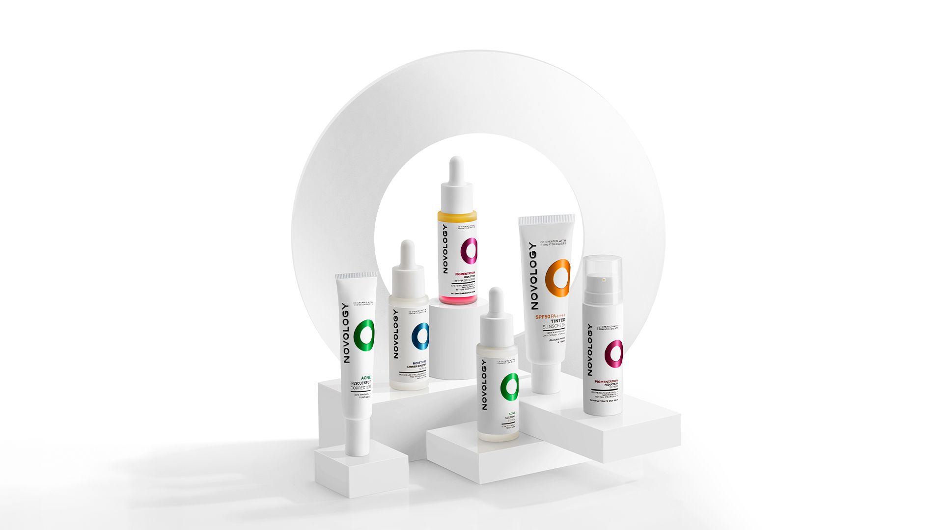Novology skincare products displayed on white platforms with colorful labels and modern packaging
