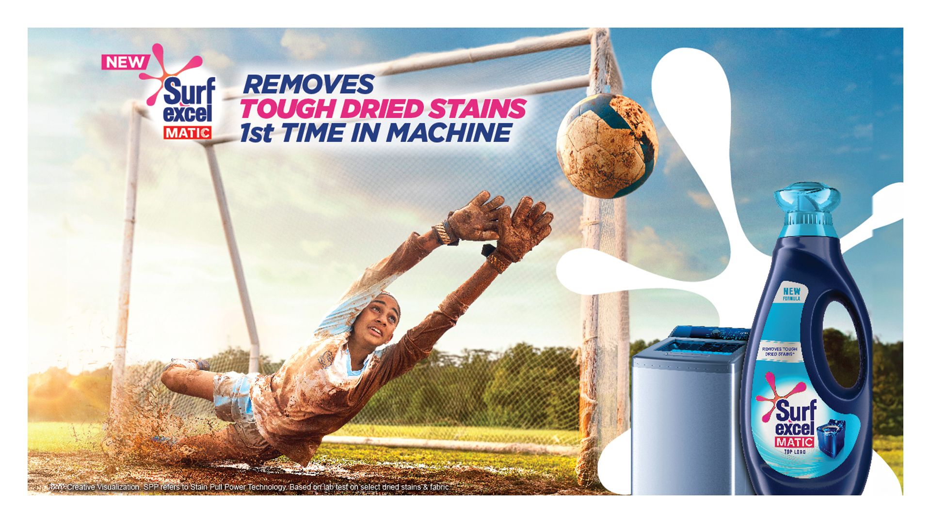 A girl playing football and a bottle of Surf Excel Matic.