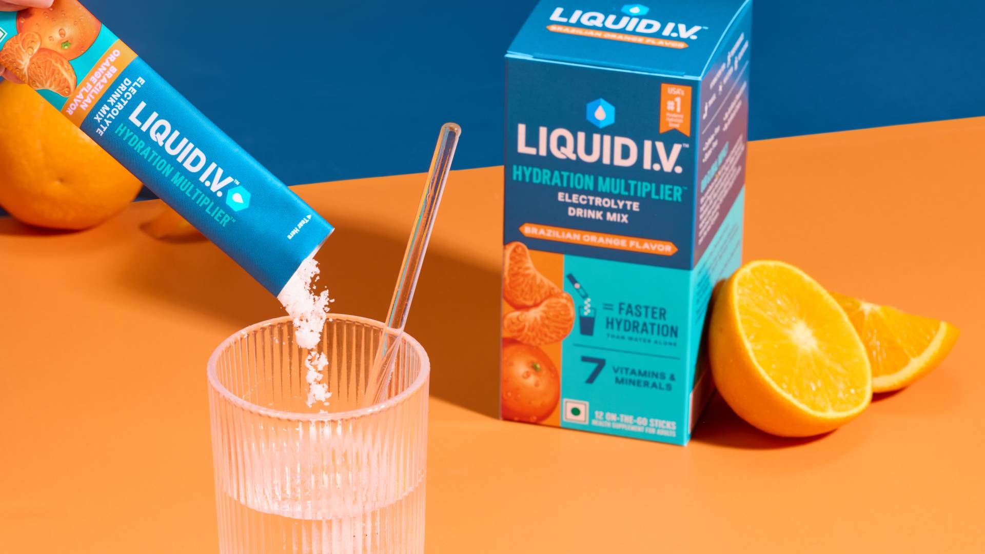 Images of Liquid I. V. range launched in India by Hindustan Unilever Limited. The image contains Liquid I. V. Packshots that appear like paper sachets in stick format. 