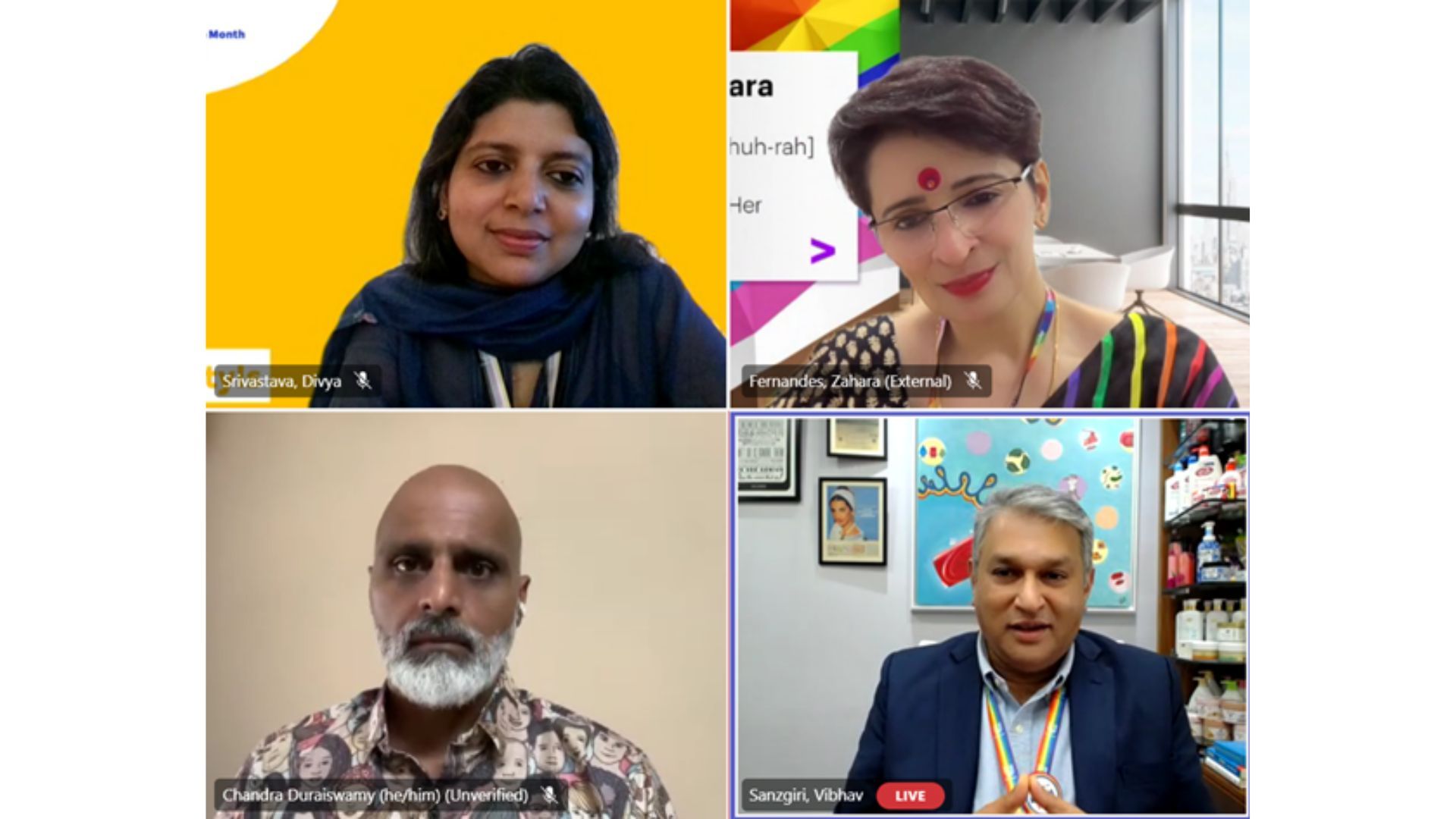 Video Call between four people discussing pride month initiaves